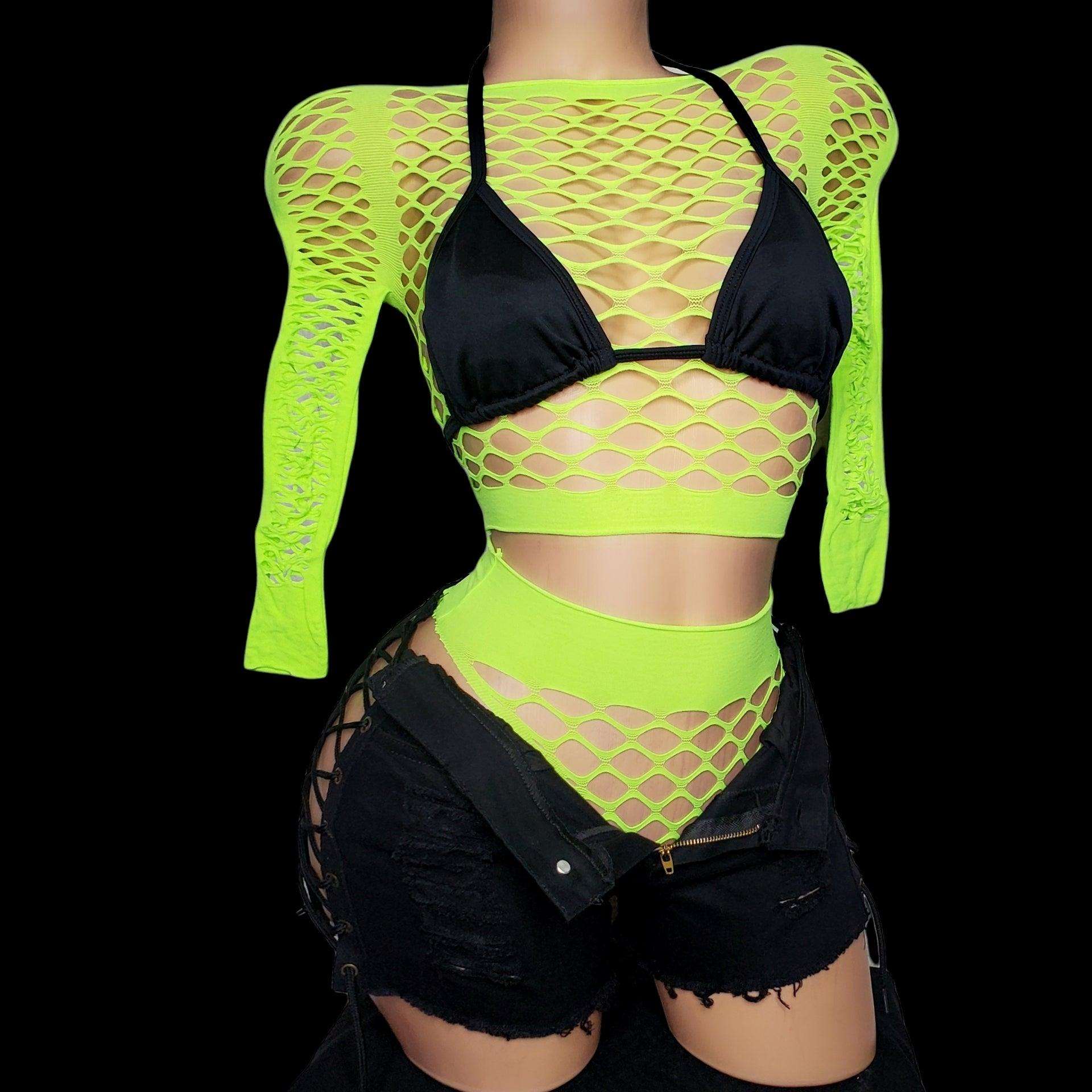 Neon Green Fishnet Stripper Outfits, Exotic Dancewear