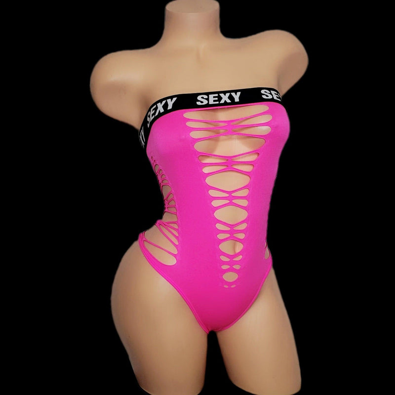 How Bout Dat|  Pink Bandeau Thong Bodysuit, Exotic Dancerwear, Stripper Outfit, S/M - SELF Xpression