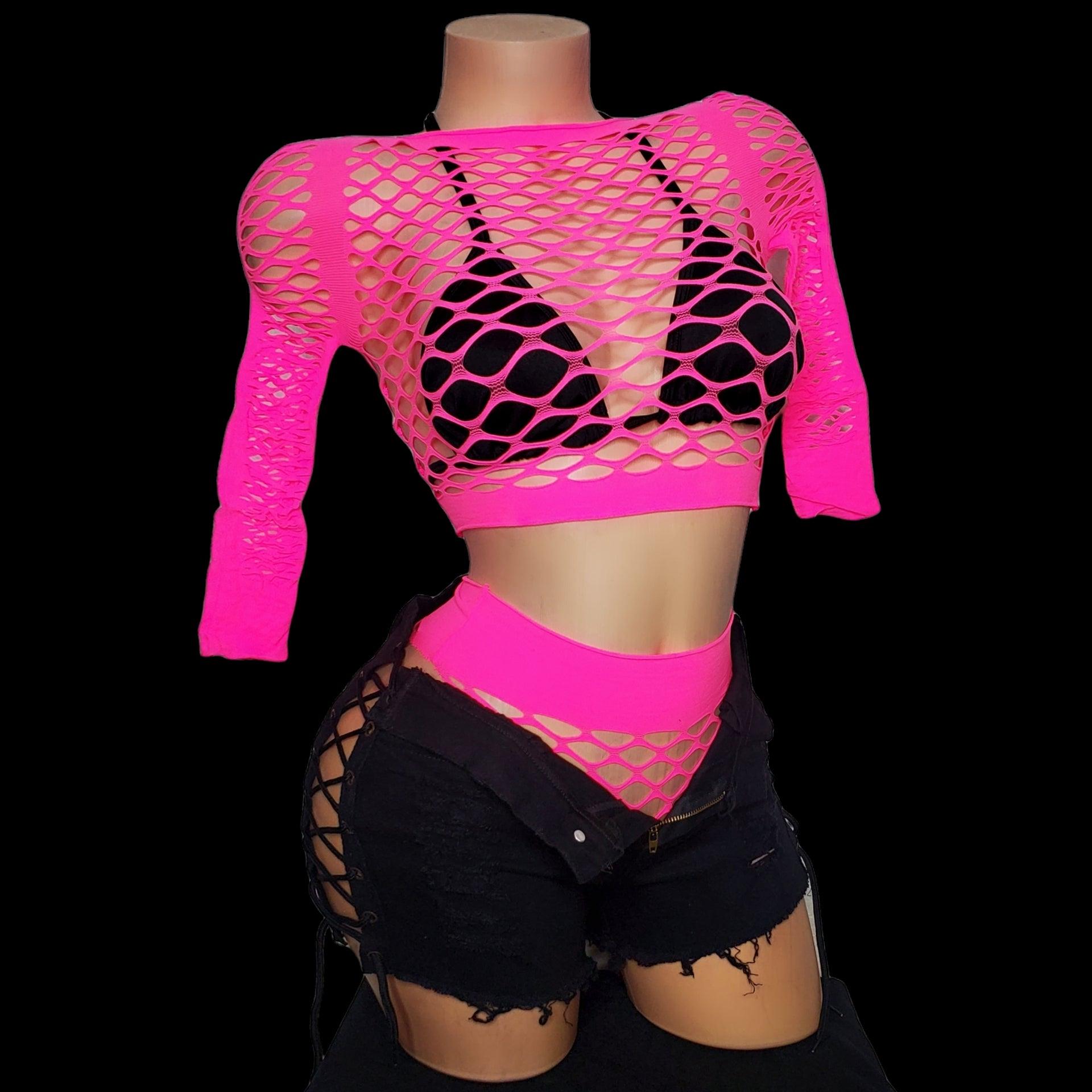 Neon Pink Fishnet Set Stripper Outfits, Exotic Dancewear