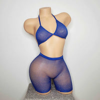 Fishnet Halter Top, Netted Biker Shorts, Rhinestones Lingerie Set, Stripper Clothing, Exotic Dance Wear, Pole Dance Wear Fishnet Tights