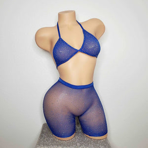 Fishnet Halter Top, Netted Biker Shorts, Rhinestones Lingerie Set, Stripper Clothing, Exotic Dance Wear, Pole Dance Wear Fishnet Tights