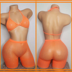 Fishnet Halter Top, Netted Biker Shorts, Rhinestones Lingerie Set, Stripper Clothing, Exotic Dance Wear, Pole Dance Wear Fishnet Tights