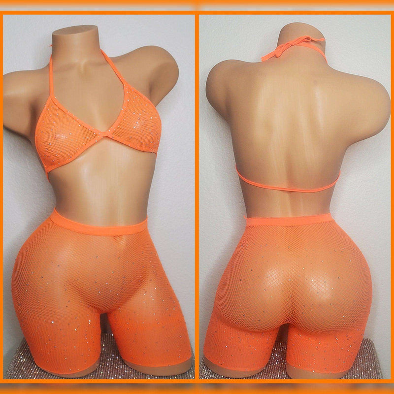 Fishnet Halter Top, Netted Biker Shorts, Rhinestones Lingerie Set, Stripper Clothing, Exotic Dance Wear, Pole Dance Wear Fishnet Tights