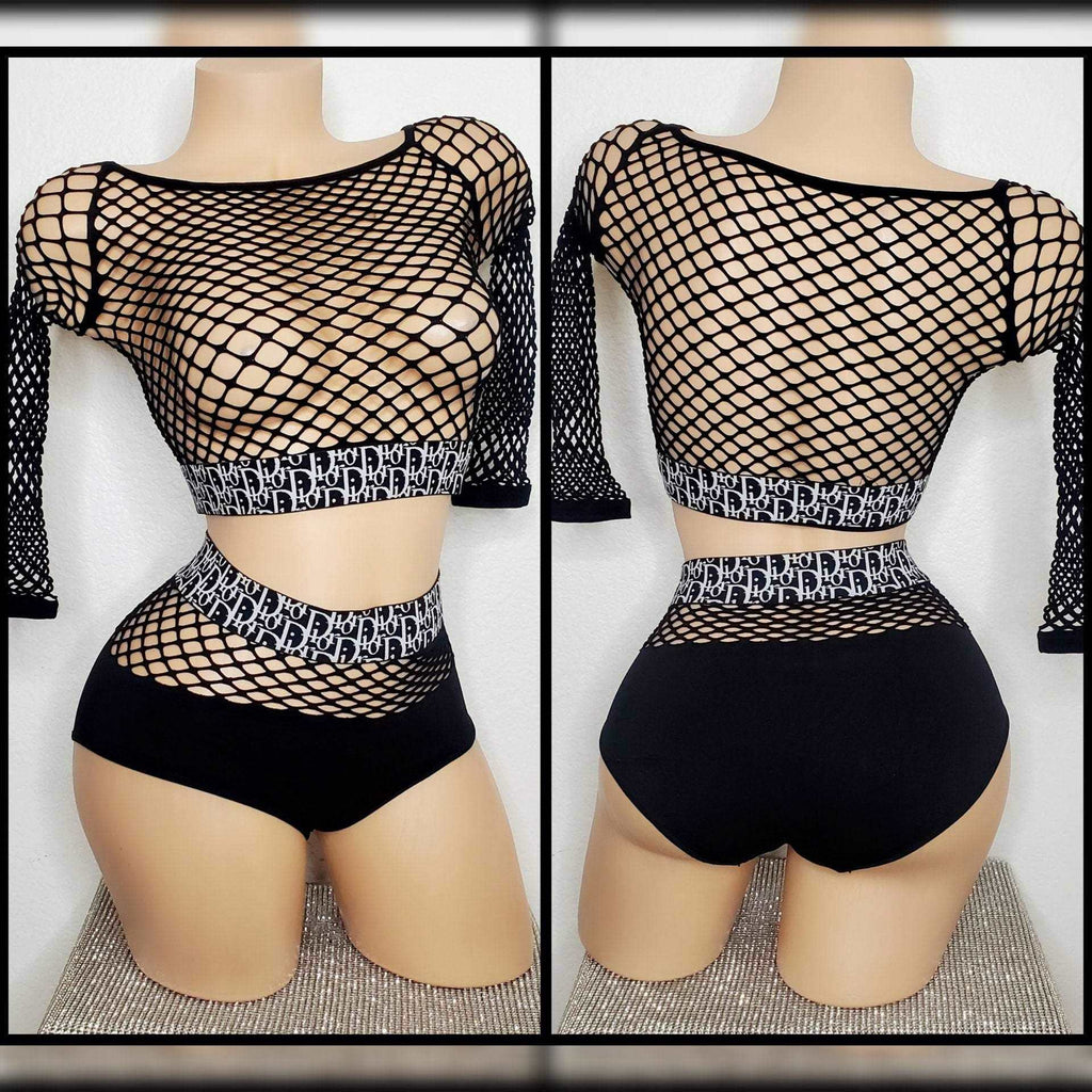 Fishnet Crop Top High Waist Netted Bottoms Dance Wear, Stripper Clothes, Rhinestones Lingerie, Stripper Outfit, Ravewear Lounge Wear