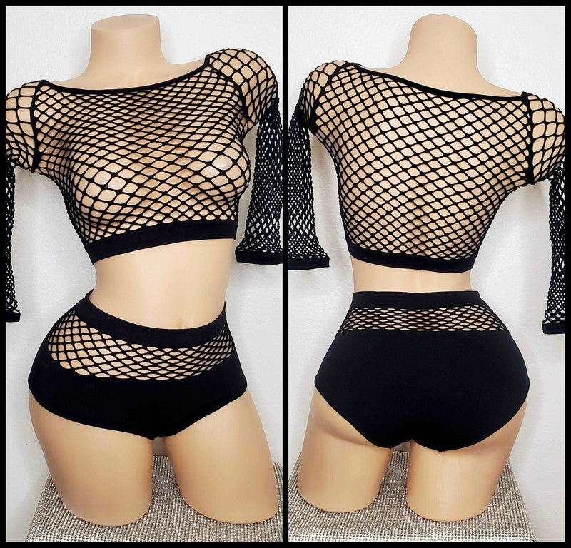 Fishnet Crop Top High Waist Netted Bottoms Dance Wear, Stripper Clothes, Rhinestones Lingerie, Stripper Outfit, Ravewear Lounge Wear