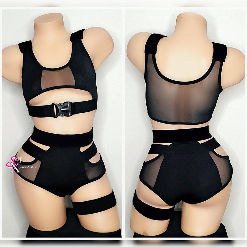 Rave Exotic Dance Wear, Stripper Clothes Black Mesh Crop Top, Stripper Outfit, High Waist Bottoms