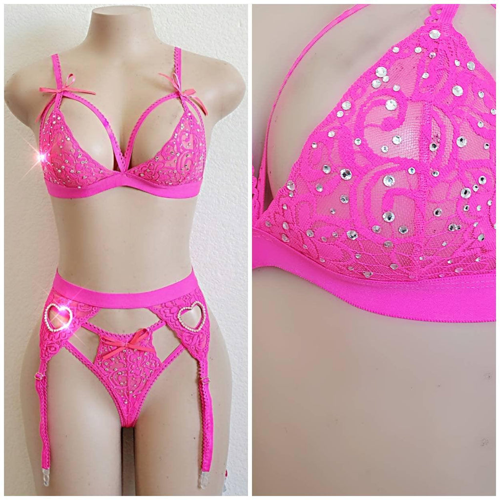 Lingerie Set Sexy Exotic Wear Lace Bralette Panty Garter Thong BDSM Dancewear Lounge Wear Stripper Clothing Rhinestones Pink Lingerie