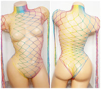 Netted Rainbow Bodysuit, Burning Man Romper, Rhinestone Fishnet Rave Bodysuit, See Through, Coachella, Exoticwear
