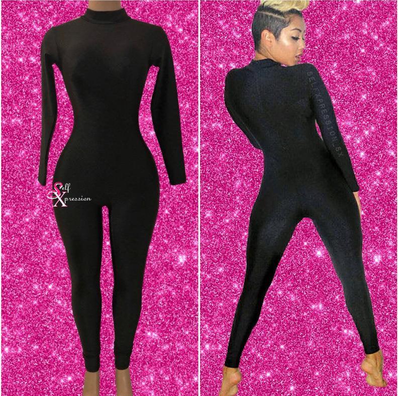 Hot Pink Jumpsuit, Zipper Jumpsuit, Mockneck Jumpsuit, Long sleeves Jumpsuit, Black Jumpsuit, Catsuit