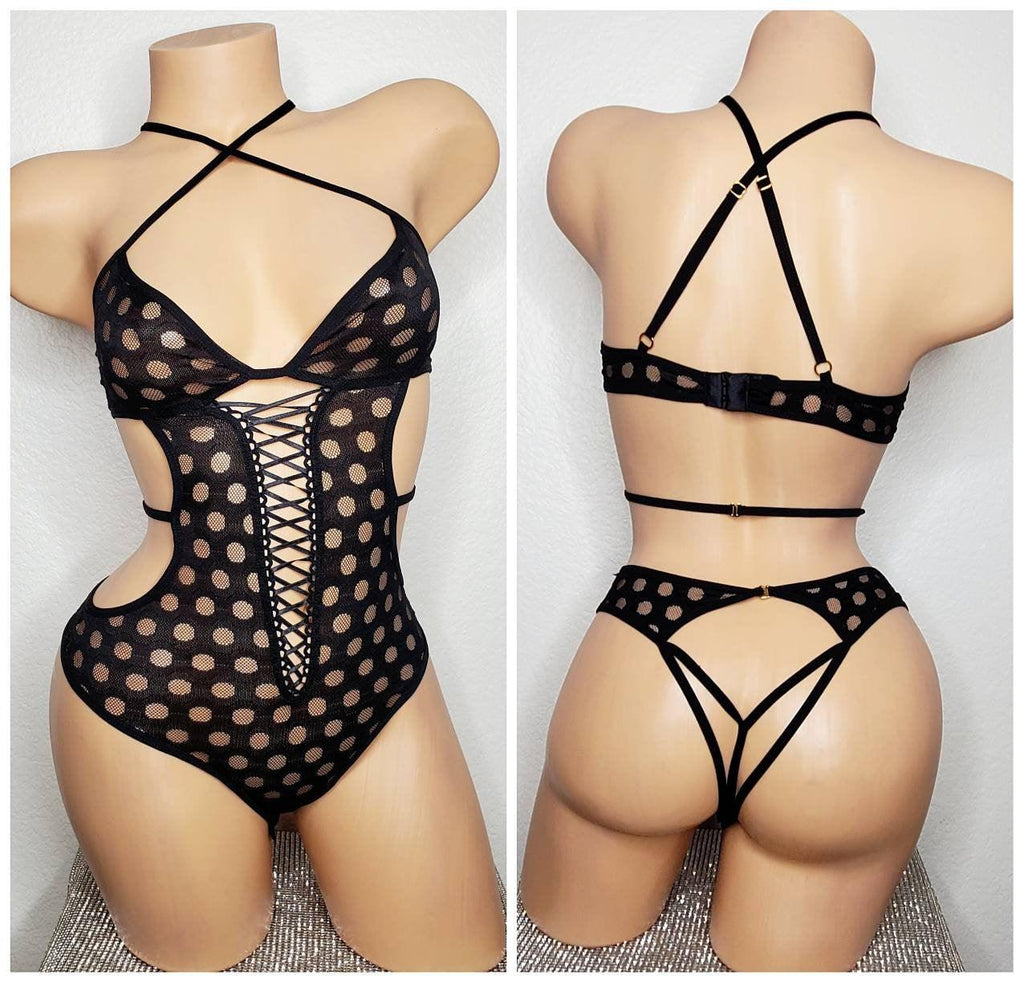 Eyelet Mesh Bodysuit, Black ExoticDanceWear, Mesh Criss Cross See Through Teddy, BDSM Dancewear,  Clothing Rave Outfit