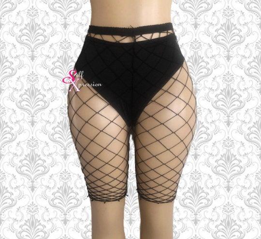 Fishnet Tights- Biker tights, Black Rhinestones Net Tights, Capri fishnet stocking, Rhinestones, Exotic Dancewear, Boudoir, Crystal Fishnet