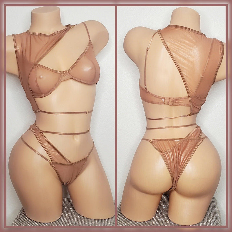 Sheer Lingerie Set, 1 of a Kind Bralette, Strappy Thong,  Rhinestone Lingerie Bralette,  Exotic Dancewear,  Stripper Outfit,  BDSM