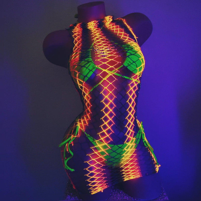 Neon Green Bikini Set, Netted Rainbow Dress, Rave CropTop, Bikini Top, Exotic Dancewear, Beach Wear, Glow Under Black Light