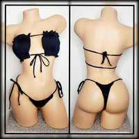 Bandeau Black Bikini, Ruffles Top, Tie Bikini Bottoms, Exotic Dance Wear, Stripper Clothes, Stripper Outfit, Sexy Bikini