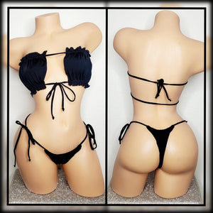 Bandeau Black Bikini, Ruffles Top, Tie Bikini Bottoms, Exotic Dance Wear, Stripper Clothes, Stripper Outfit, Sexy Bikini